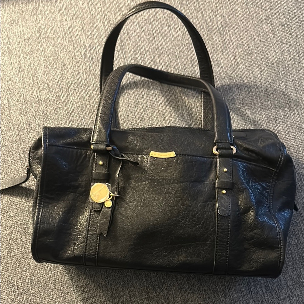 T TAHARI Black Leather Handbag with Gold Accents